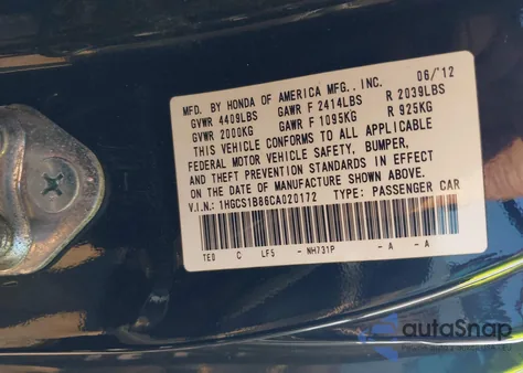 2012 Honda Accord 2.4 Ex-L from USA, damaged, VIN 1HGCS1B86CA020172